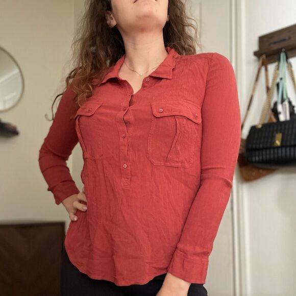 Ag Adriano Gold Schmied Crinkle Blouse 3/4 Sleeve Front Pockets Small - Picture 1 of 5